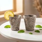 Pair of oceanic marble shot glasses garnished with lemon and mint on white wood table