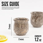 Oceanic marble shot glass size guide: 2 inches tall and wide with 1.2 oz capacity