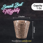 Oceanic marble shot glass size guide showing 2 inches tall and 2 inches wide