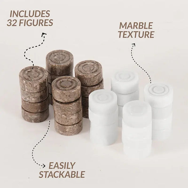Oceanic and white marble checkers pieces — 32 stackable natural marble discs by RADICALn