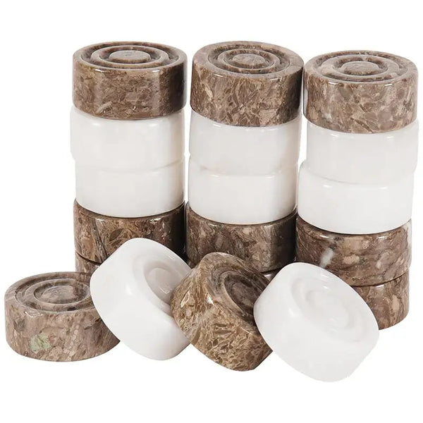 Oceanic and white marble checkers pieces stacked — showing stackable natural stone disc construction by RADICALn
