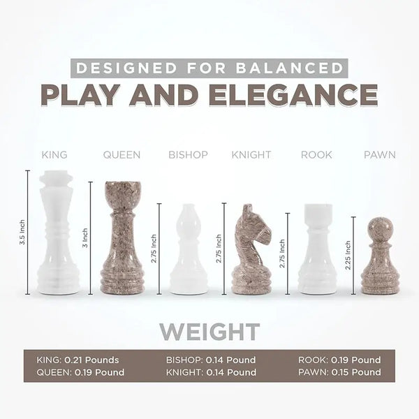Oceanic grey and white marble chess pieces size guide — king 3.5 inches, queen 3 inches, weights by piece by RADICALn