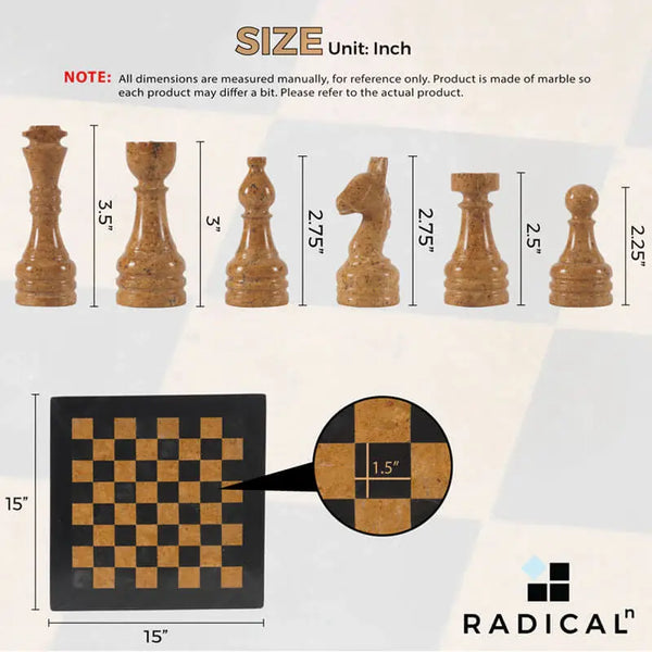 RADICALn black and golden marble chess set size guide — 15-inch board, king 3.5 inches, golden marble pieces