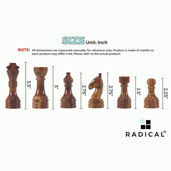 Red and fossil coral marble chess pieces size guide — king 3.5 inches, queen 3 inches, weights by piece by RADICALn