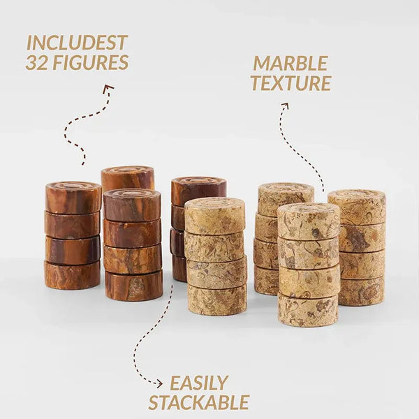 Red and fossil coral marble checkers pieces — 32 stackable natural marble discs by RADICALn
