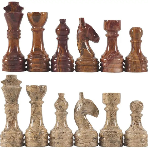 Red and fossil coral marble chess pieces lineup — king queen bishop knight rook pawn by RADICALn