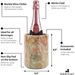 Round green onyx marble wine cooler infographic: freezer-safe stone, non-slip base, 6.5 inches tall, fits all beverages