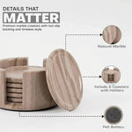 Round RADICALn marble coaster set with holder, 6 natural brown coasters with non-slip felt bottoms