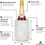 Round white marble wine cooler infographic: freezer-safe stone, non-slip base, 6.5 inches tall, fits all beverages