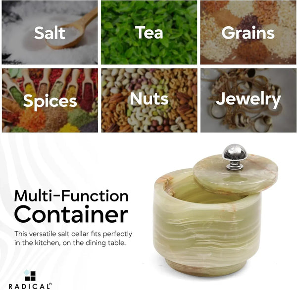Green onyx marble container shown as a multi-use keeper for salt, tea, grains, spices, nuts and jewelry