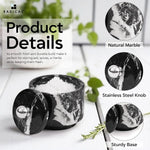 Black marble seasoning keeper details showing the natural stone, stainless steel knob and sturdy base
