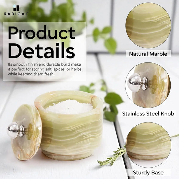Green onyx marble seasoning keeper details showing the natural stone, stainless steel knob and sturdy base