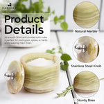 Green onyx marble seasoning keeper details showing the natural stone, stainless steel knob and sturdy base