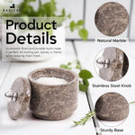 Oceanic marble seasoning keeper details showing the natural stone, stainless steel knob and sturdy base