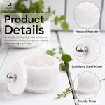 White marble seasoning keeper details showing the natural stone, stainless steel knob and sturdy base