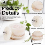 White onyx marble seasoning keeper details showing the natural stone, stainless steel knob and sturdy base