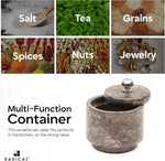 Oceanic marble container shown as a multi-use keeper for salt, tea, grains, spices, nuts and jewelry