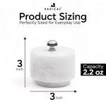White marble seasoning keeper with lid, 3 inches tall and wide with 2.2 oz capacity