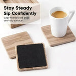 Square natural brown marble coaster showing its black anti-slip felt base beside a coffee mug