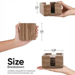 Square natural brown marble coaster set size breakdown: 3.5 inch coasters in a 4.25 by 2.5 inch holder