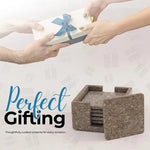 Square oceanic coaster set with holder shown as a gift alongside a wrapped present