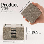 Square oceanic marble coaster set dimensions: 3.5 inch coasters, 6 pieces, 4.5 by 2.5 inch holder