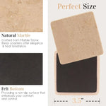 Square verona marble coaster showing 3.5 inch size and non-slip felt bottom