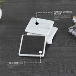 Square white marble coaster with felt bottom, from a handmade set of 6 coasters and holder