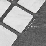 Square white marble coasters with white veining, 3.5 inches across