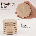 Travertine octagon coaster held in hand, 3.5 inches wide and 0.5 inches thick