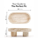 Travertine footed marble bowl size guide: 10 inches long, 6 wide, 3.5 tall