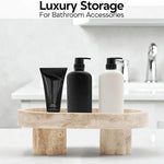 Travertine footed marble tray holding pump bottles as bathroom storage by a sink