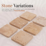 Six square travertine coasters showing natural variation in pattern and color