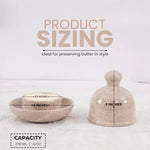 Verona marble butter dish set dimensions: 6 inch base, 5 inch dome lid and 6 oz capacity, shown with spreader knife