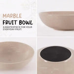 Verona marble fruit bowl shown from the side, from above and underneath, showing the veined stone and finished base