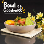 Verona marble fruit bowl filled with apples, grapes and a pear as a table centerpiece
