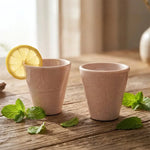 Pair of verona marble shot glasses garnished with lemon and mint on wood