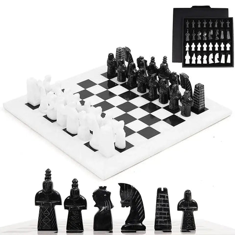 White & Black Antique Marble Chess Set — 15-Inch | Medieval Figurative