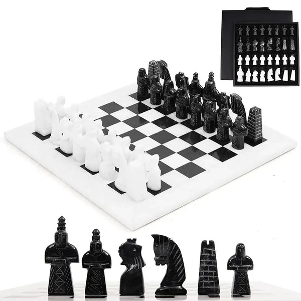 White and black antique marble chess set 15 inch — complete set with storage box and medieval figurative pieces lineup by RADICALn