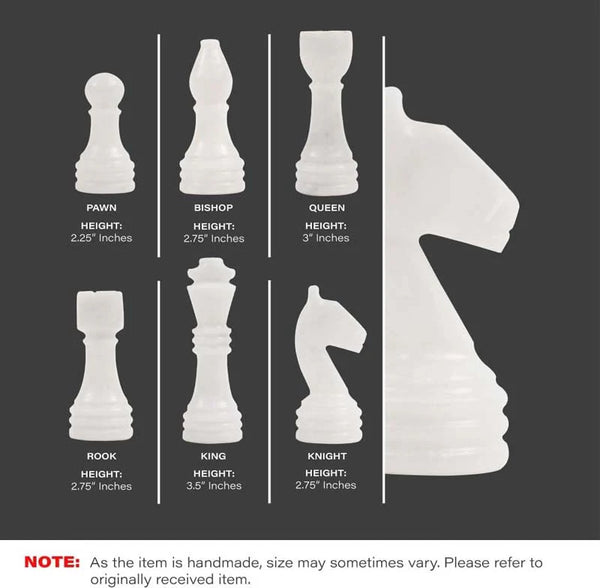 White and black marble chess pieces size guide — pawn 2.25 in, bishop 2.75 in, queen 3 in, rook 2.75 in, king 3.5 in, knight 2.75 in by RADICALn