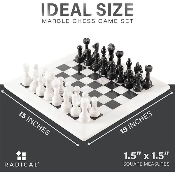 White and black marble chess set board size 15 x 15 inches — natural stone chess board measurement guide by RADICALn