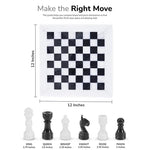 White and black marble chess set size guide — 12x12 inch board, king 2.75 inches, queen 2.5 inches, pawn 2 inches by RADICALn