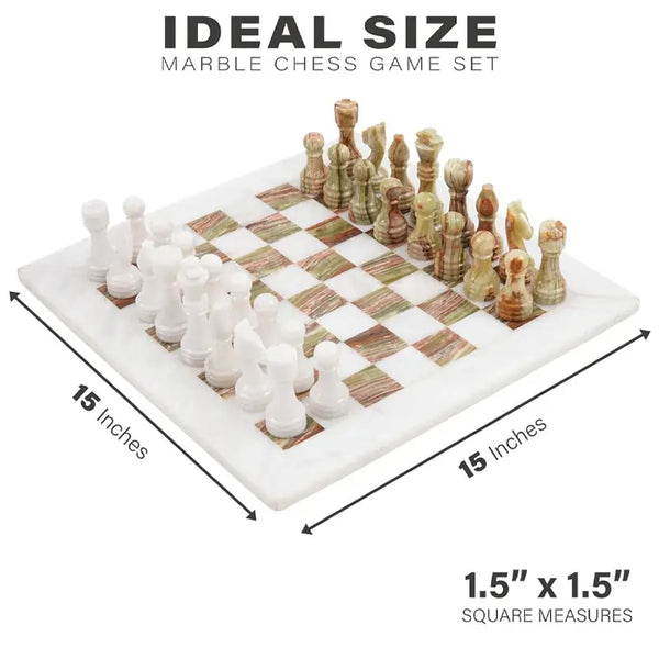 White and green onyx marble chess board size guide — 15x15 inch board, individual squares 1.5x1.5 inches by RADICALn