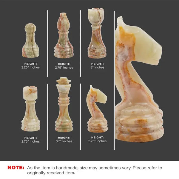 White and green onyx marble chess pieces size guide — pawn 2.25 in, bishop 2.75 in, queen 3 in, rook 2.75 in, king 3.5 in, knight 2.75 in by RADICALn