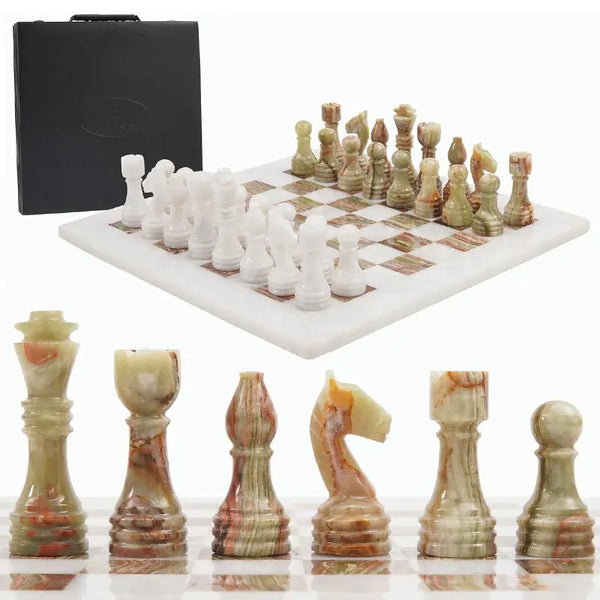 White and green onyx marble chess set 15 inch — all 32 handmade natural stone pieces in starting position by RADICALn