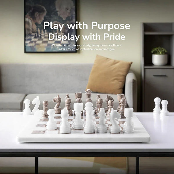 White and grey oceanic marble chess set 12 inch — all 32 handmade natural stone pieces in starting position by RADICALn