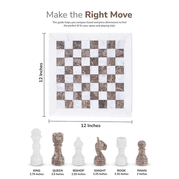 White and grey oceanic marble chess set size guide — 12x12 inch board, king 2.75 inches, queen 2.5 inches, pawn 2 inches by RADICALn