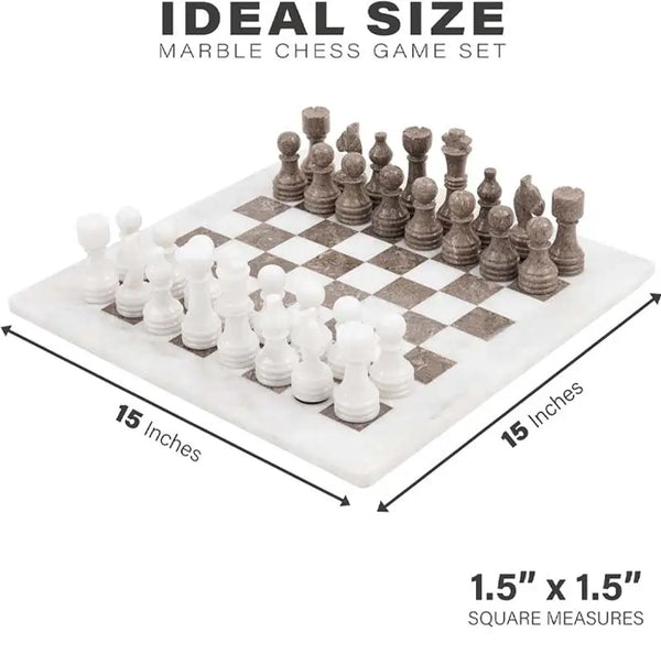 White and oceanic grey marble chess board size guide — 15x15 inch board, individual squares 1.5x1.5 inches by RADICALn