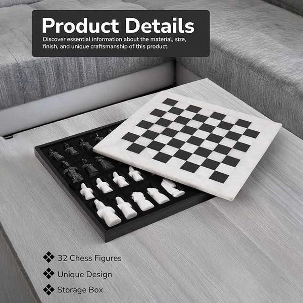 White and black antique marble chess set storage box — board lifted showing 32 medieval figurative pieces in fitted compartments by RADICALn