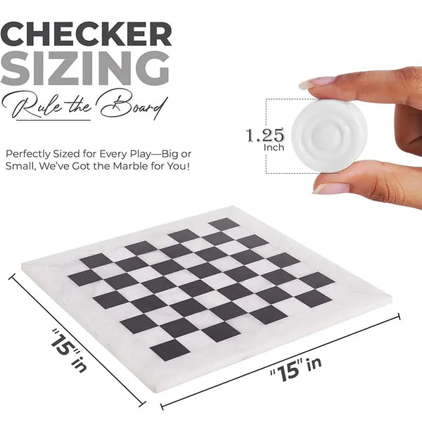 White and black marble checkers set size guide — 15x15 inch board with 1.25 inch diameter disc measurement by RADICALn